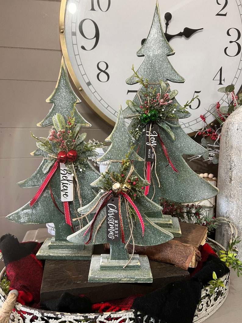 Hand Made Green Snow Covered Wooden Tree With Jute, Jingle Bells, Tags