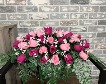 Memorial Day - cemetery saddle -  Rosebud tombstone arrangement ~ Spring cemetery flowers - Mothers Day for graveside- pink, fuschia-