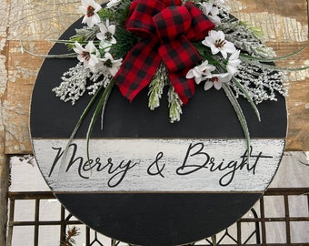 Merry and bright hand made wooden door round/ hanger / wreath with florals, poinsettias, buffalo plaid ribbon