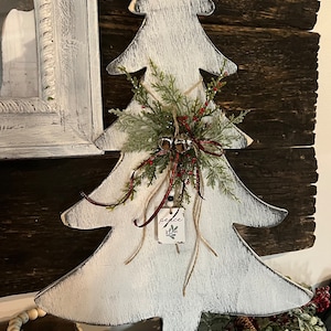 Hand made wooden tree with jute, jingle bells, tags, Christmas tree, tree on stand, mantle & shelf decor image 2