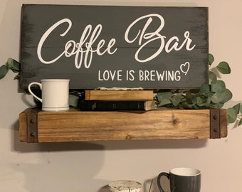 Coffee bar, love is brewing, hand painted, distressed, farmhouse style wooden sign