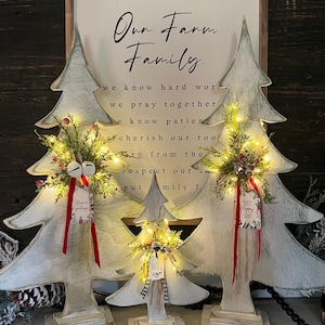 Hand made snow covered wooden tree with lights, jute, jingle bells, tags, Christmas tree, tree on stand, mantle & shelf decor