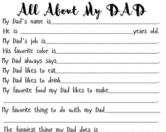 All About My Dad Printable,  Dad Birthday, Father&#39;s Day Printable, Dad Birthday, Dad