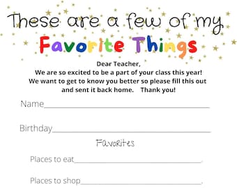 Teacher Favorite Things Printable,  Teacher Interview, My Teacher, Teacher Gifts, My Favorite Teacher