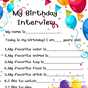 My Birthday Interview Printable, Kid&#39;s birthday, birthday memory, birthday scrapbook,  All about me