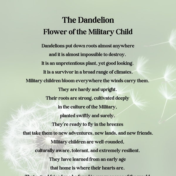 Dandelion Flower of the Military Child, Military Child Printable, Military Child, Dandelion Printable, Military Printable, Dandelion Flower