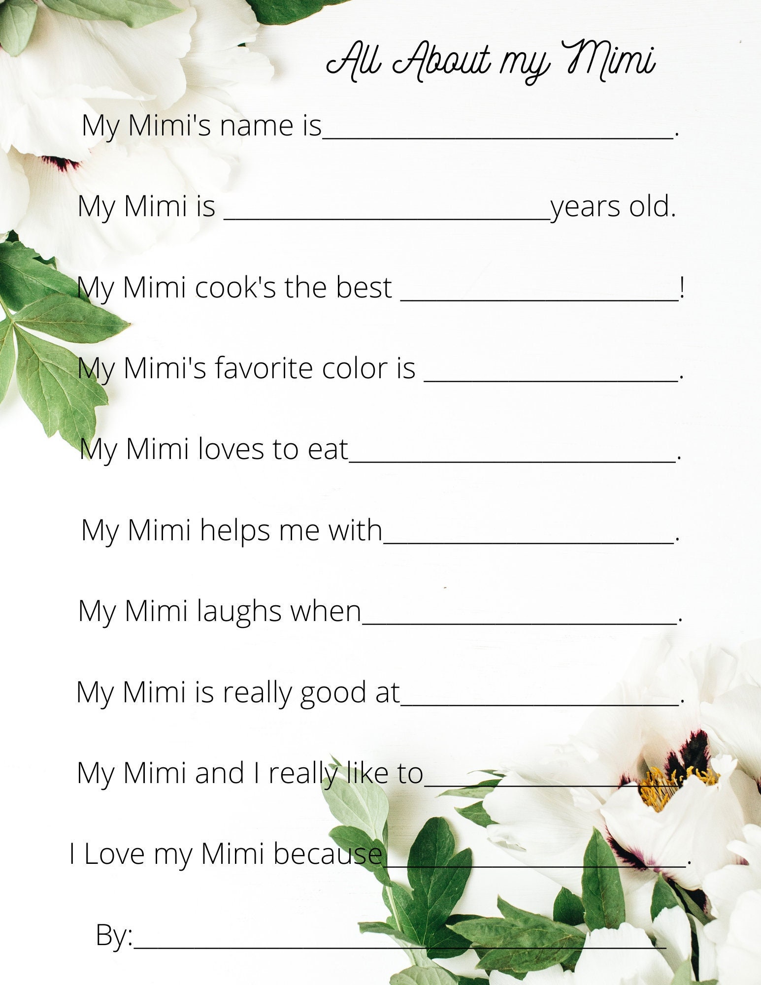 All About My Mimi, Printable, Grandparent Printable, Mom Birthday, Mimi ...