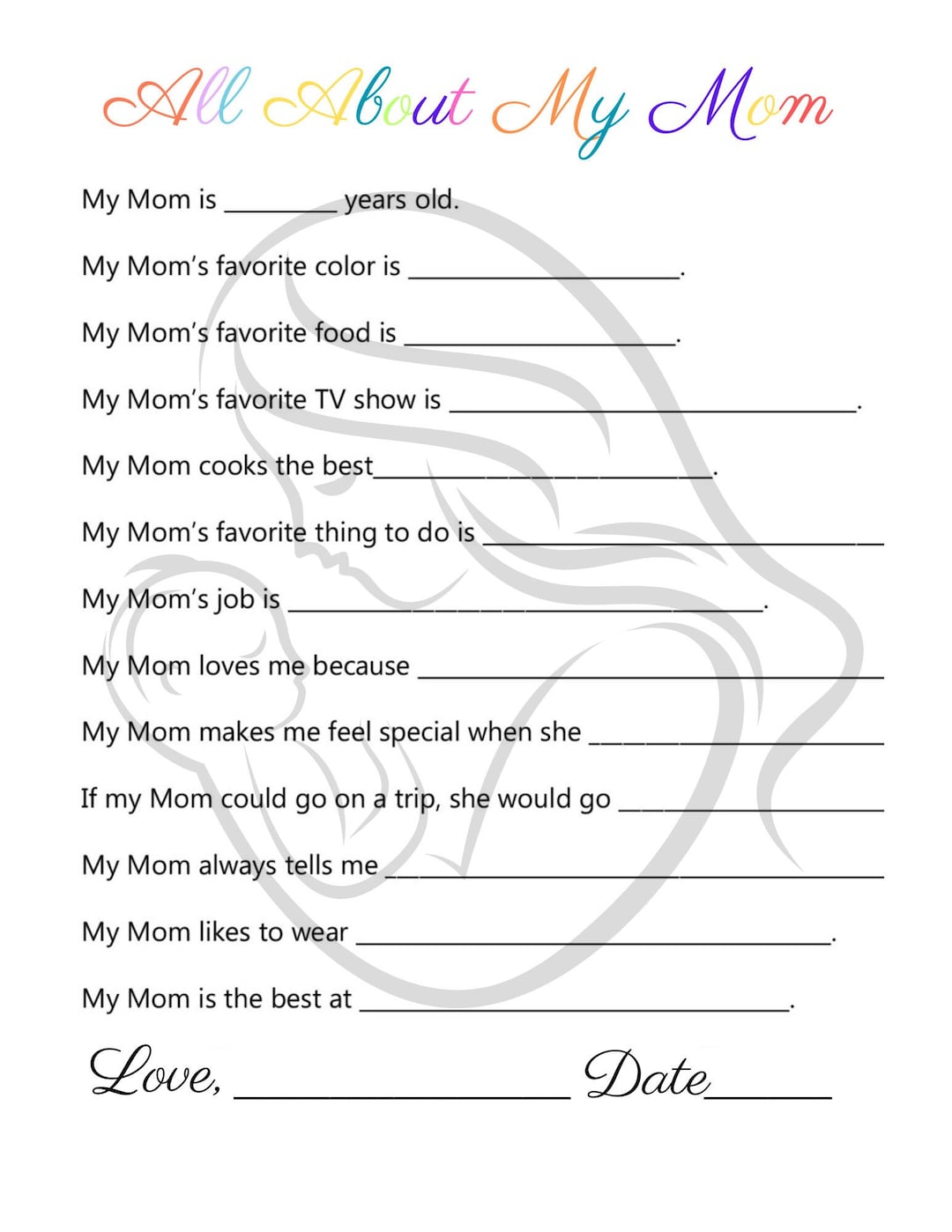 All About My Mom Printable Questionnaire, Mother's Day Birthday Gift ...