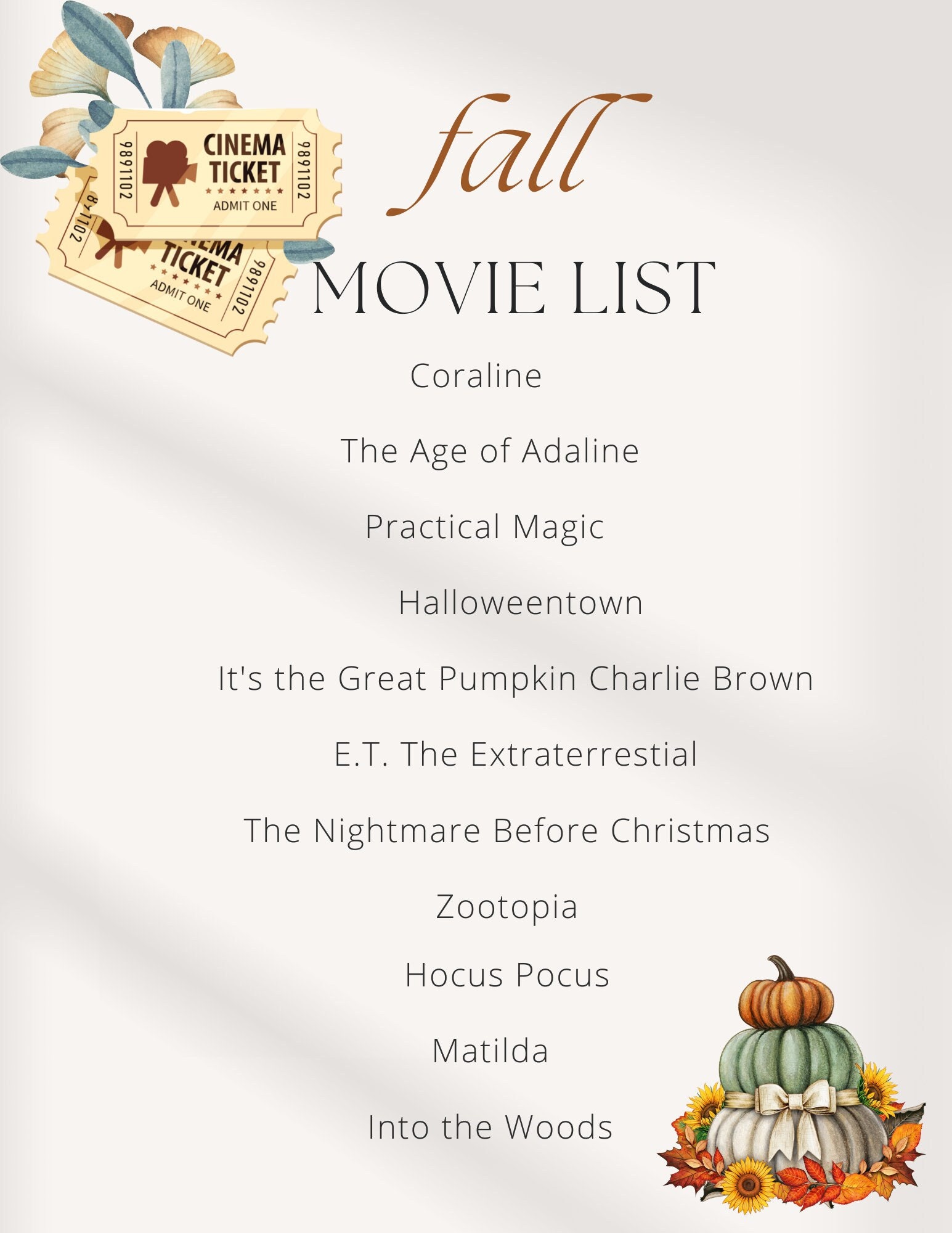 Fall Movie Bucket List, Fall Movie List Printable, Movie List Printable, Fall, - Etsy