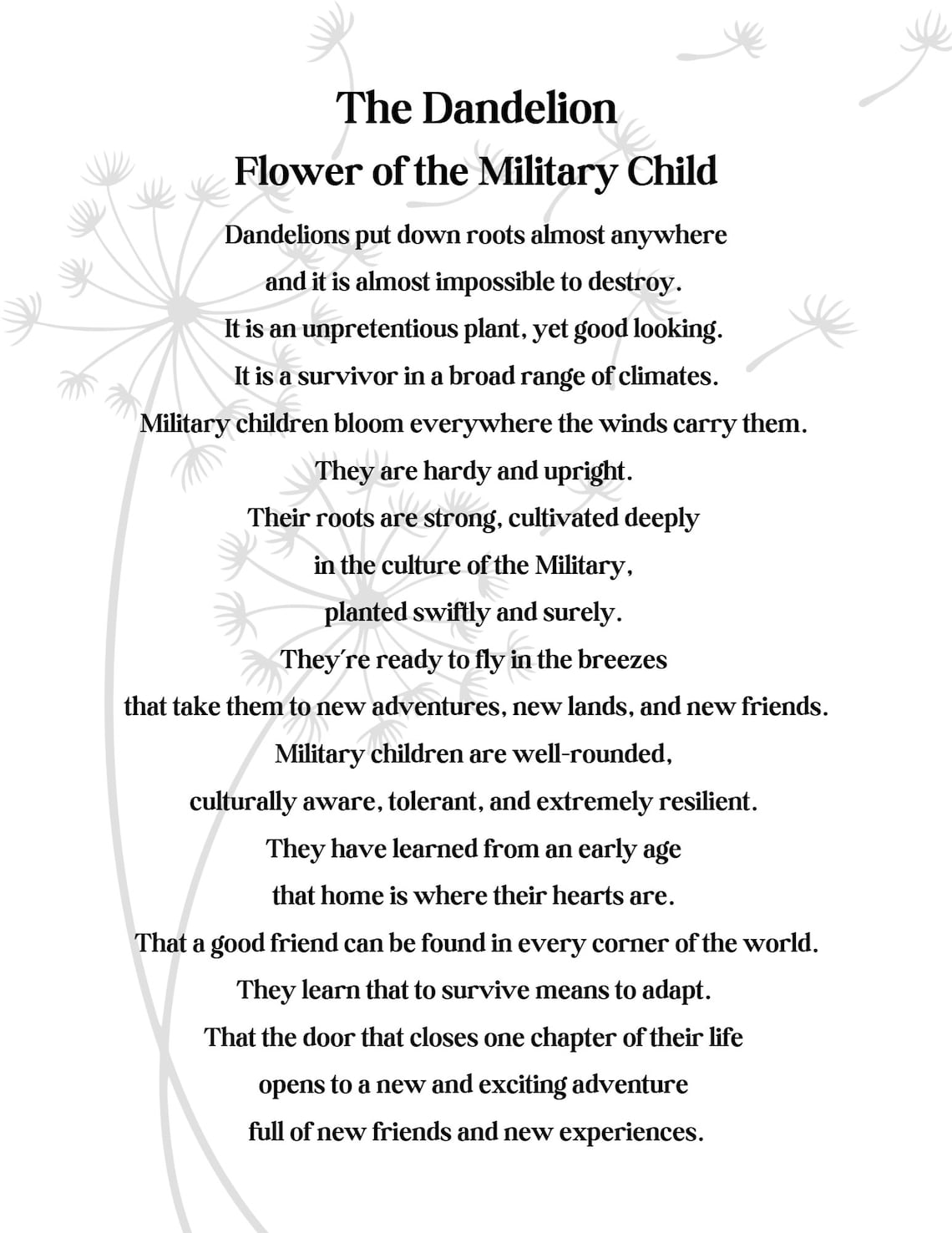 Dandelion Flower of the Military Child, Military Child Printable
