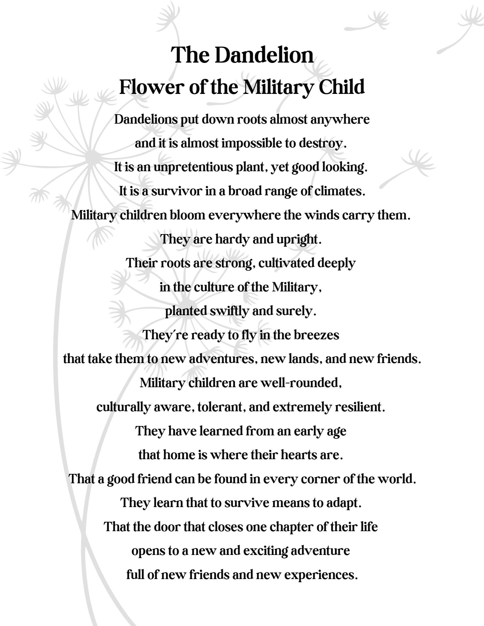 Dandelion Flower Of The Military Child Military Child Printable 