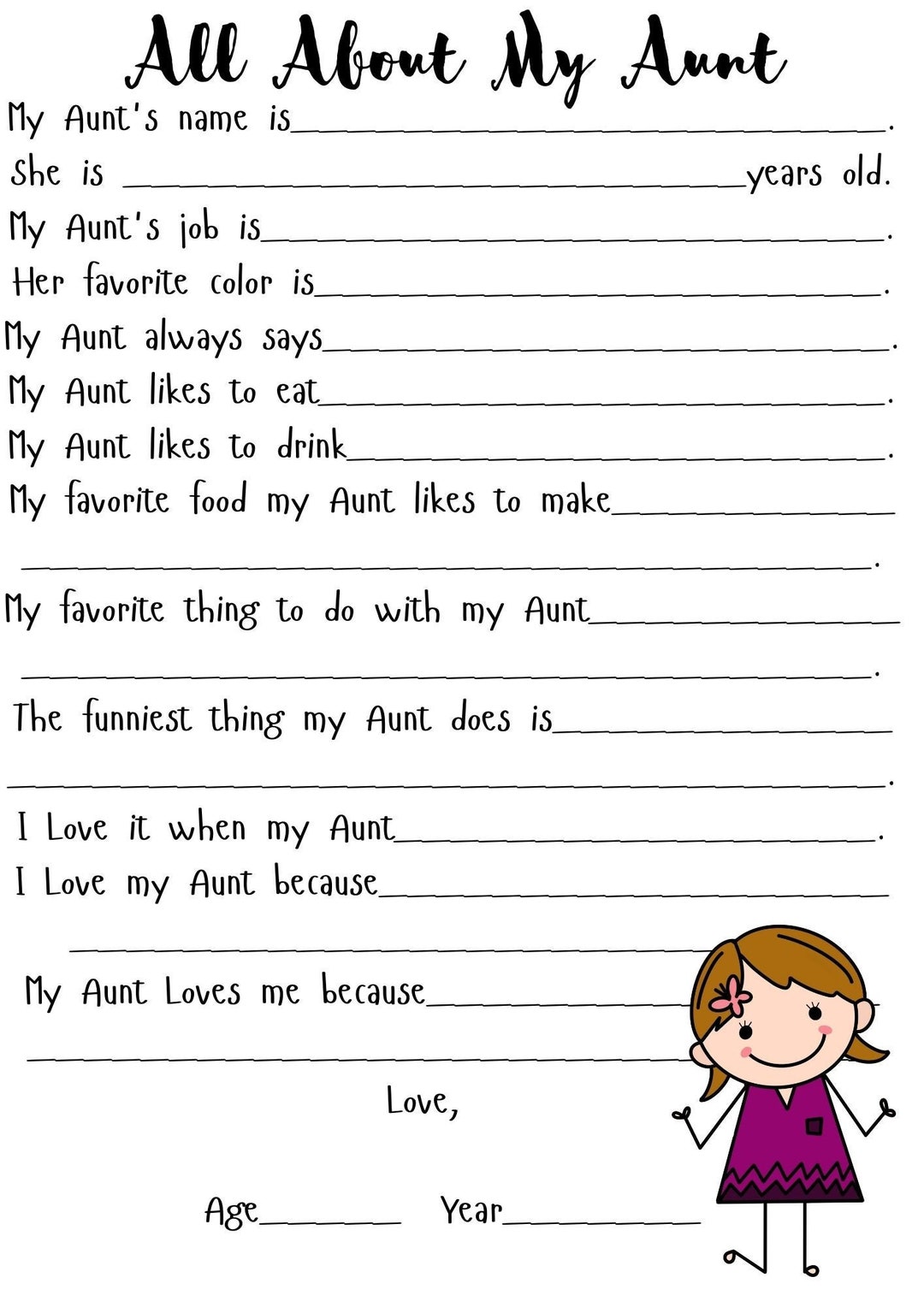 All About My Aunt Printable, Aunt Birthday, Aunt Printable, Aunt