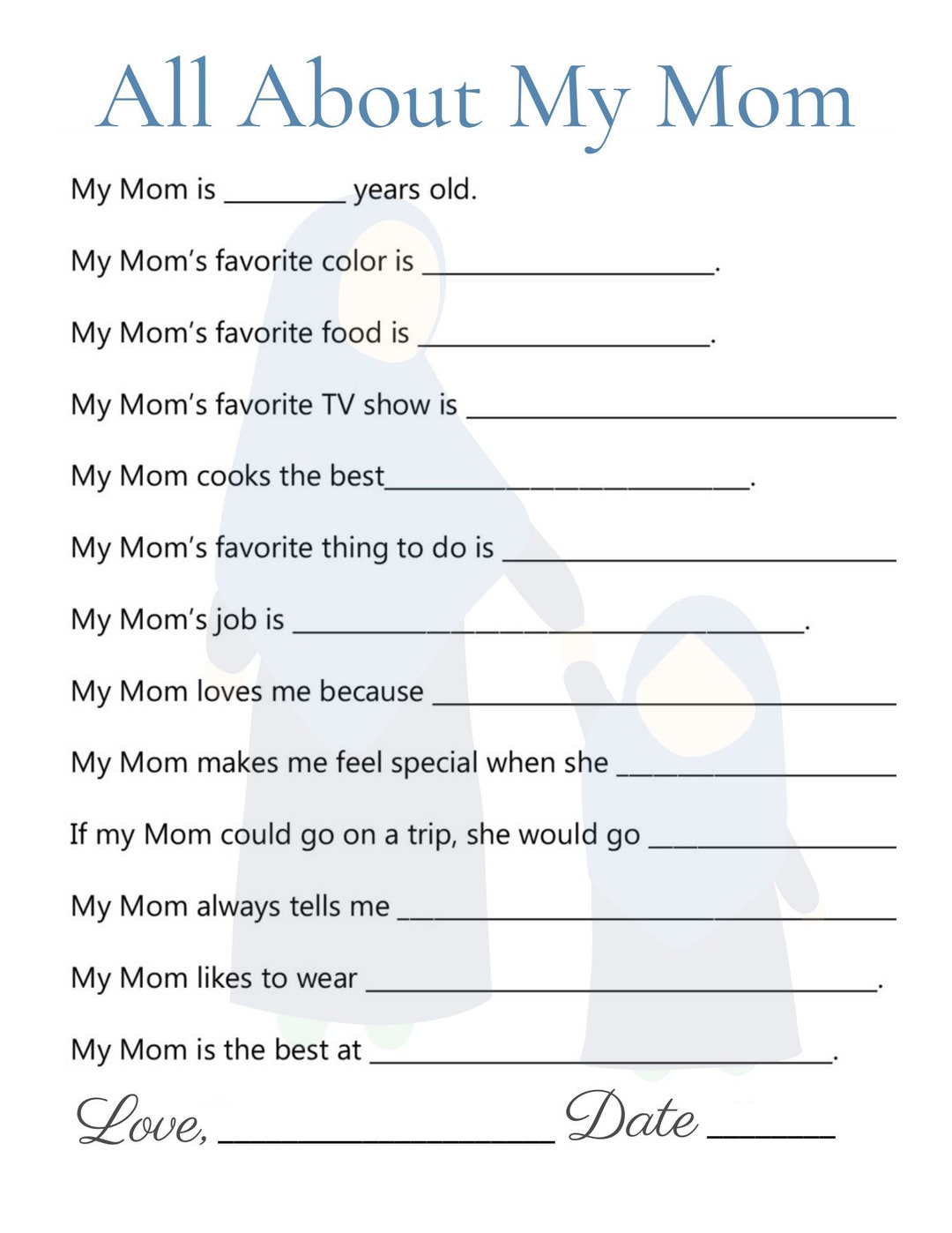 All About My Mom Printable Questionnaire, Mother's Day Gift (PNG File ...