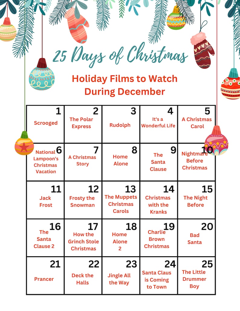 Christmas 25 Days of Movies List, Christmas Printable, Holiday, Holiday