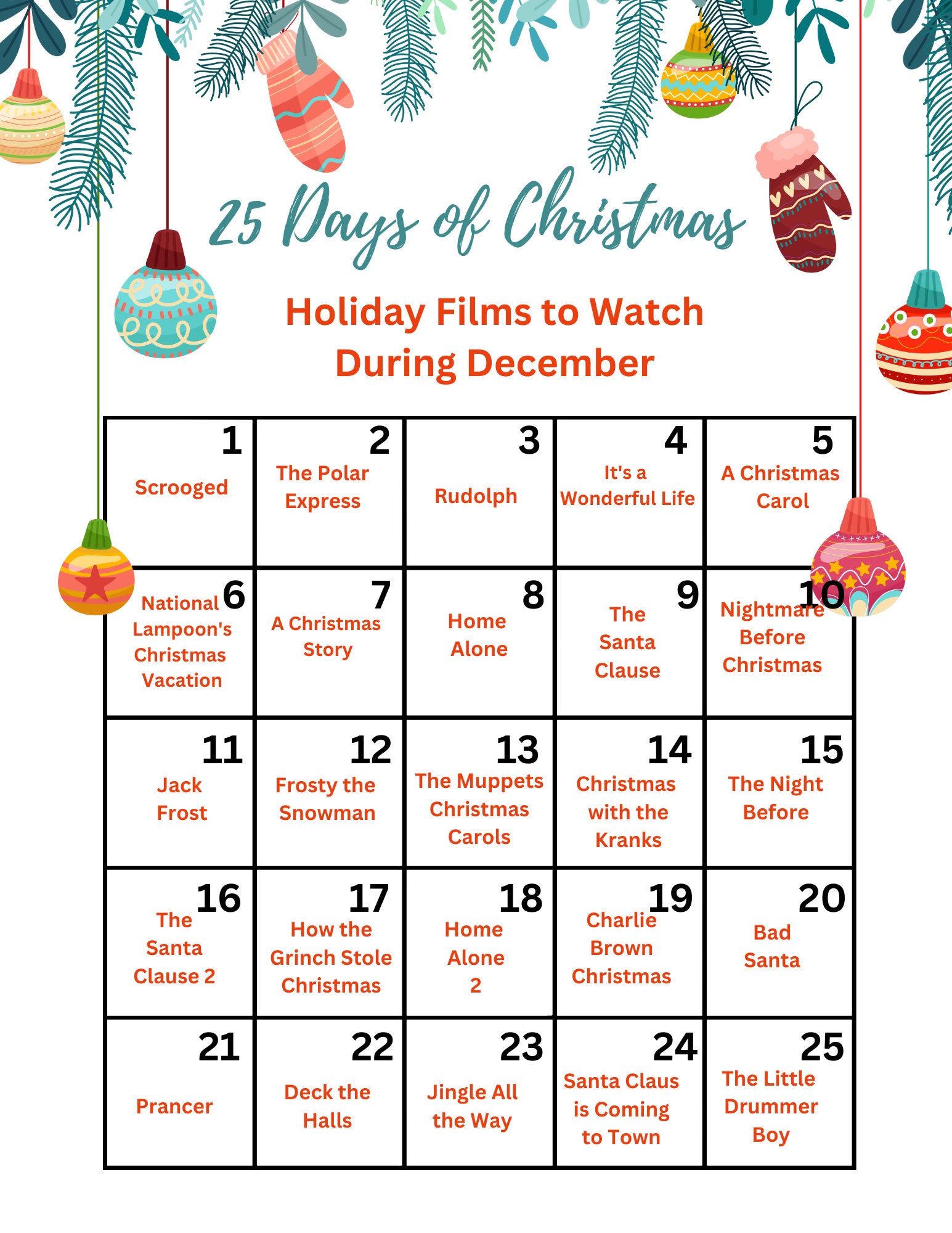 Christmas 25 Days of Movies List, Christmas Printable, Holiday, Holiday