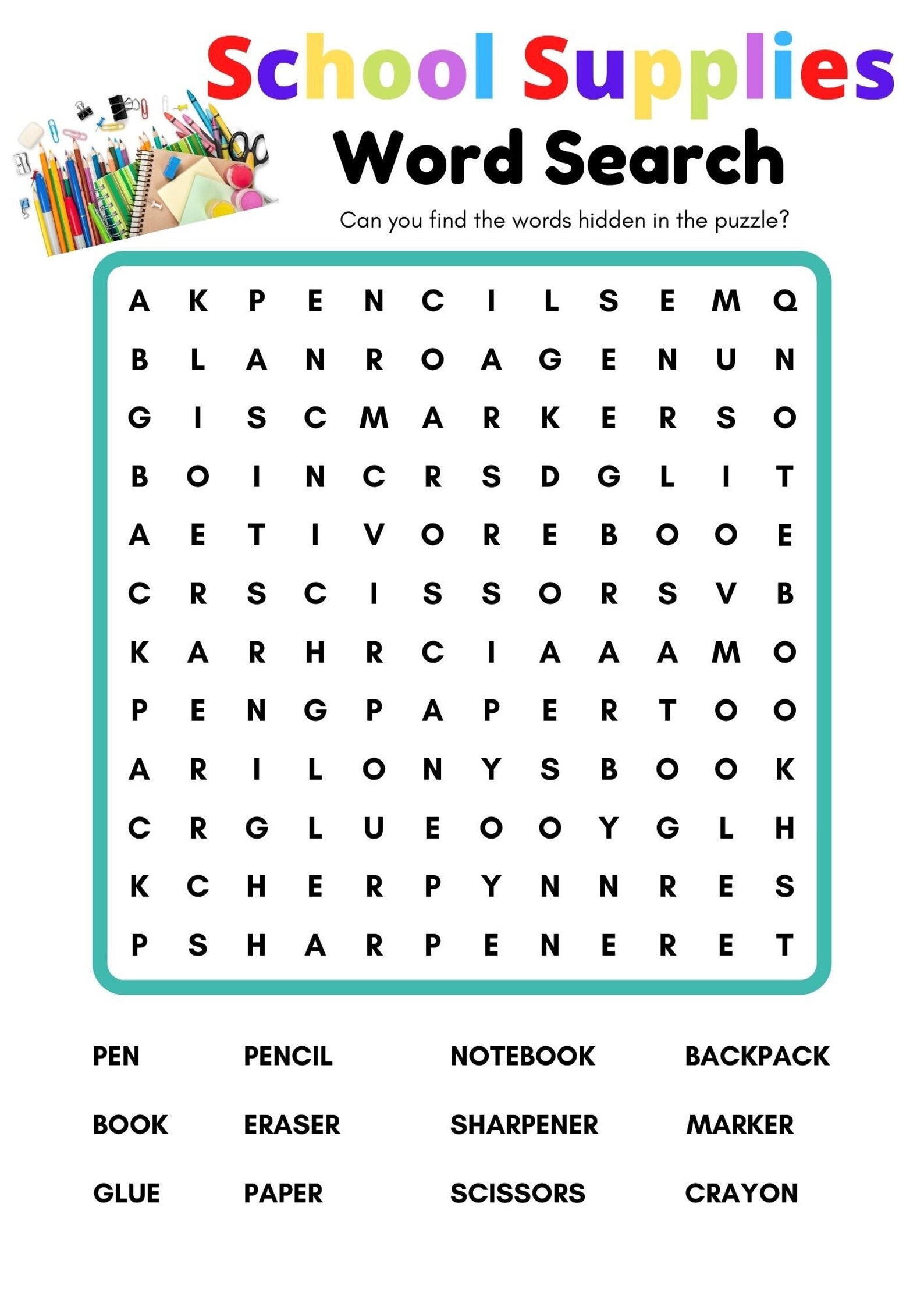School Supplies Word Search Printable School Word Search School