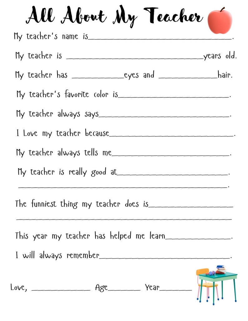 All About My Teacher 5 Printables, Teacher Birthday, Teacher Valentine ...