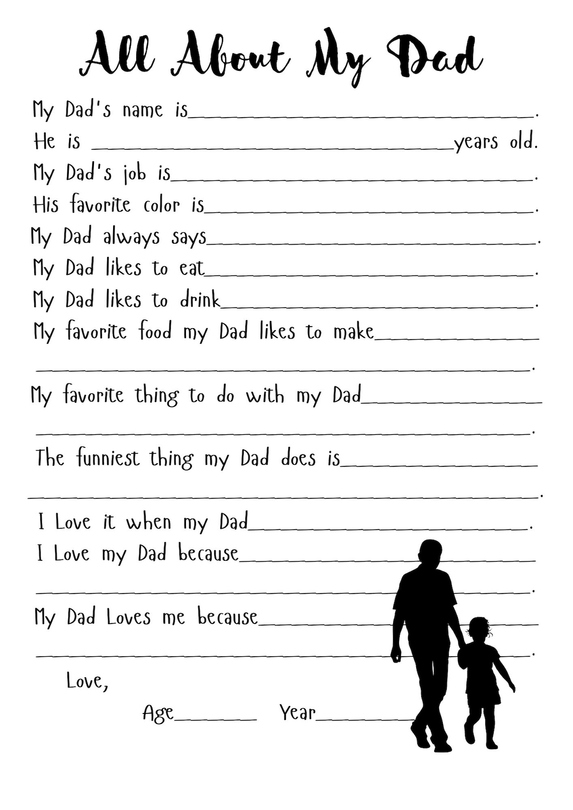 All About My Dad Printable, Dad Birthday, Father's Day Printable, Dad ...