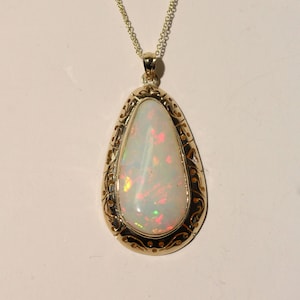 Natural White Opal Pendant - 14k Yellow Gold - Gemstone Necklace -  Jewelry -  #1446 Watch Video!