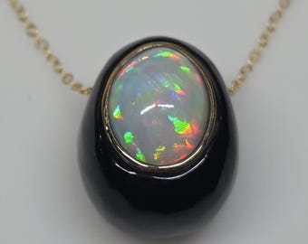 White Opal & Black Onyx Pendant - 14k Gold Necklace #619