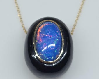 White Opal & Black Onyx Pendant - 14k Gold Necklace #620