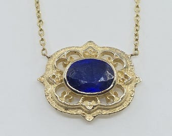 Blue Sapphire Pendant Necklace - 14k Yellow Gold - Handmade Jewelry #632