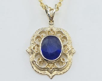 Blue Sapphire Pendant Necklace - 14k Yellow Gold - Handmade Jewelry #634