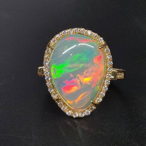 White Opal & Diamond 14k Gold Ring - Handmade Gemstone Jewelry - Watch Video #350