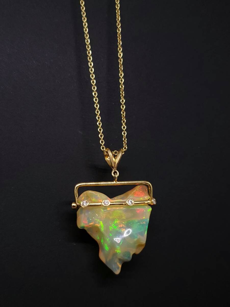 Carved Yellow Opal & Diamond Pendant 14k Gold Gemstone Jewelry | Etsy