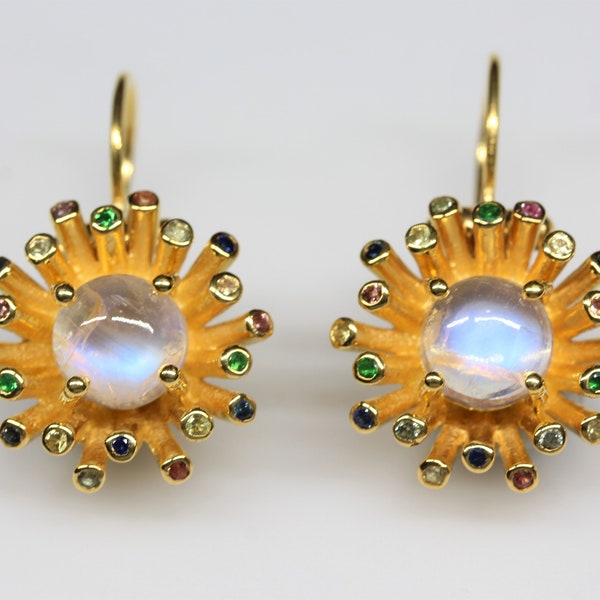 Starburst Moonstone Dangle Earrings 24k Gold Plated Color Gemstone Accents #284