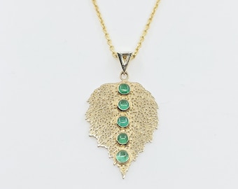 Emerald Leaf Pendant 14k Gold Gemstone Jewelry #636