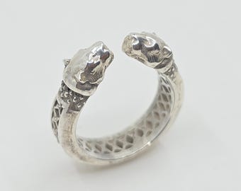Sterling Silver Panther Heads Ring - Unisex Gemstone Jewelry  #608