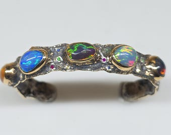 Opal Cuff Bracelet - Sterling Silver & Gold  - Handmade Jewelry Watch Video #611