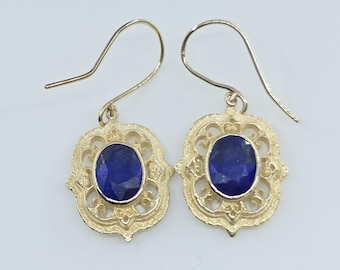 Blue Sapphire Earrings 14k Yellow Gold  - Handmade Gemstone Jewelry #599