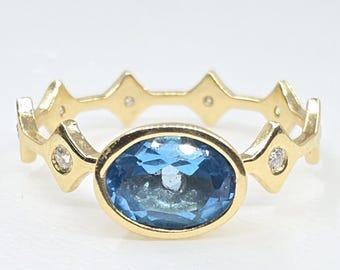 Blue Topaz Gemstone 14k Gold Ring Stacking Set Jewelry #639