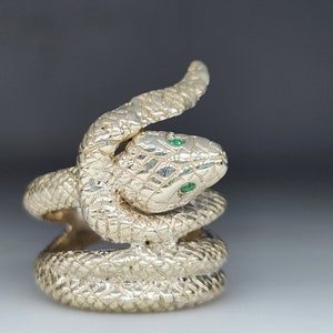 Sterling Silver Snake Ring Emerald Eyes  #409 Watch Video