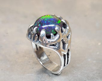 Rustic Opal Ring - Sterling Silver Size 7.5 - Handmade Rustic Gemstone Jewelry #589