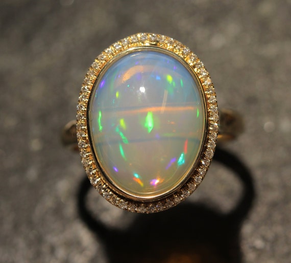 Opal & Diamond Ring 14k Yellow Gold Size 7.5 Natural | Etsy