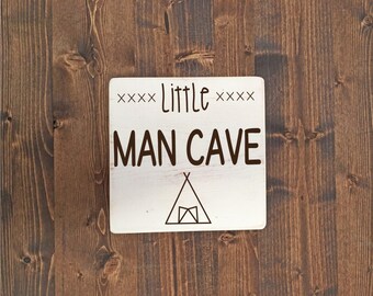 Little Man Cave Sign - Woodland Bear Nursery Wall Decor For Baby Boy Room, Rustic Wood Art 10x8 Inch