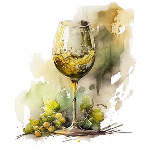 Peut inclure: Une peinture &agrave; l'aquarelle d'un verre de vin blanc avec une &eacute;claboussure de liquide. Le verre est pos&eacute; sur une table avec une grappe de raisins verts et des feuilles.