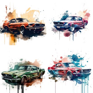 Set of 4 Watercolor Mustang PNG, Muscle Car Illustration, Classic Car Hot Rod Sublimation for Shirts, Tumblers, Mugs, Wall Art set 1