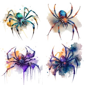 Watercolor Spider Set of 4 PNG Digital Download Files for Sublimation, Spider Clipart for Wall Art, T-shirts, Mugs and Gifts