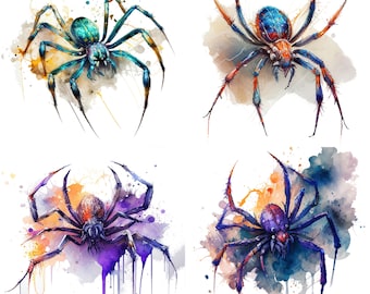 Conjunto de 4 arquivos PNG digitais para download de aranhas em aquarela para sublimação, clipart de aranha para arte de parede, camisetas, canecas e presentes