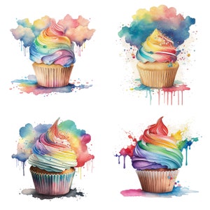 Aquarelle arc-en-ciel Cupcake Clipart ensemble de 4 fichiers PNG aquarelle Cupcake Menu Sublimation, PNG pâtisserie boulangerie alimentaire collection fête clipart