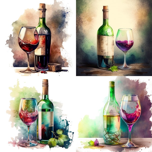 Watercolor Wine bottle wine glass clipart, Glass and Bottle Wine PNG files wine tasting decor Bridal clipart, restaurant download pattern