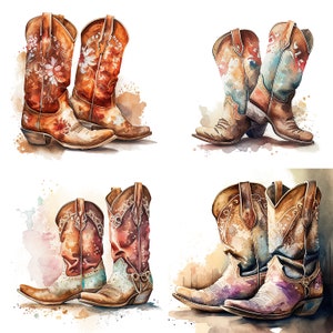 Aquarel Girls Cowboy Boots PNG Files - Set van 4 - Boho Style Rustic Women Ladies Country Bedroom Art Decor Sublimation Clipart
