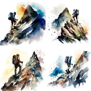 Mountain Climbing Watercolor Clipart Set of 4 PNG Files Hiking Backpacking Art Digital Downloads for Hydro flask Designs Stickers and Mugs