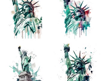 Set of 4 watercolor Statue of liberty clipart PNG digital download files sublimation tourist wall art prints mugs t-shirts and gift decor v1