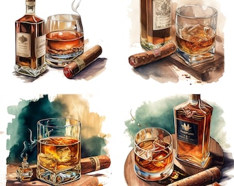 Cigar And Bourbon Watercolor clipart, Set of 4 PNG files Cigar Lounge Art, Bourbon Decor Bar art, Home Office, Gentleman Art Gifts for him
