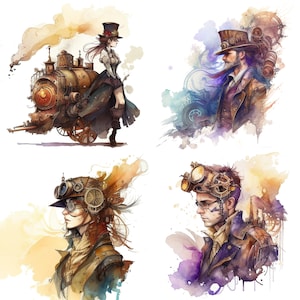 Set of 4 Watercolor Steampunk PNG clipart files Steam punk Sublimation Printable Victorian Fantasy files for scrapbooking v1